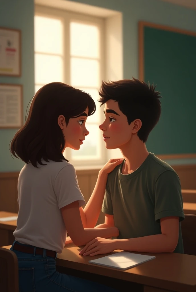 White-skinned girl with short, uniform hair and dark-skinned boy with black, uniform hair. with a classroom background .looking at each other