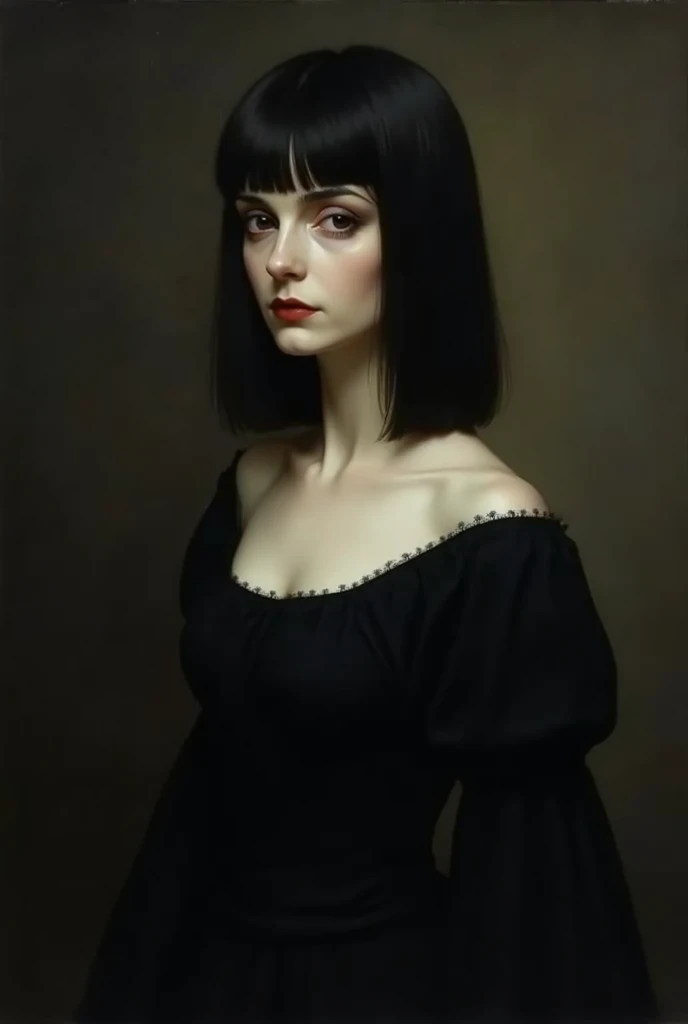 an Italian woman around 30 years old, she is very tall and has very white skin, her eyes are blue and her hair is black, her hair is short and wavy with a fringe completely covering her left eye, she has a scar on her nose and large eyelashes, she has three black dots above her right eye and three more below it, she wears a necklace with a key attached as a pendant, she wears a black gothic style dress, she is sitting on a gray sofa leaning against the wall of a room with red wallpaper and wooden floors, she wears a mechanical prosthesis on her right arm and left leg, she wears a red heel on her foot, she has a scary smile and looks as if she's going to devour you