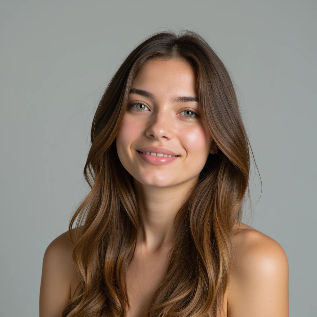 Nude portrait of random Instagram model with long light brown hairstyle, brighten, perfekten Augen, (Augen-Make-up: 1,1), (sehr detaillierte Haut: 1,1), (perfect medium-sized breasts), perfectly slender body, wears no clothes, ( (SFW)), Realistisch, FOTOREALISTISCH, detailliertes Gesicht, sanfte Beleuchtung, Modelshooting-Stil, professionelle Fotografie, vor dunklem Studiohintergrund stehend, verschwommener Hintergrund, labia majora, RAW, analoger Stil, scharfer Fokus, 8k UHD, DSLR, High quality, Fujifilm XT3, Getreide, awards winning, Meisterwerk,