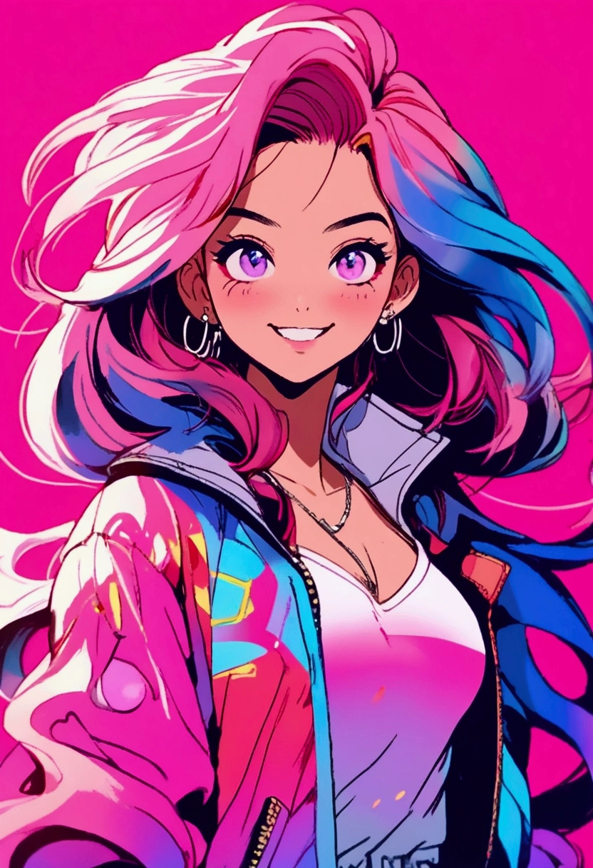 ((illustrator)), flat color, (anime style), sketch,realistic, 1girl, (shiny lip), jogging suits, (long asymmetry:1.3) hair,((evil smile)), pink ((gradient)) background, (neon hair:1.3),cosmic eye, portrait, (dynamic pose:1.5),(close-up girl), ((looking away)), (open cleavage:1.4),vivid color