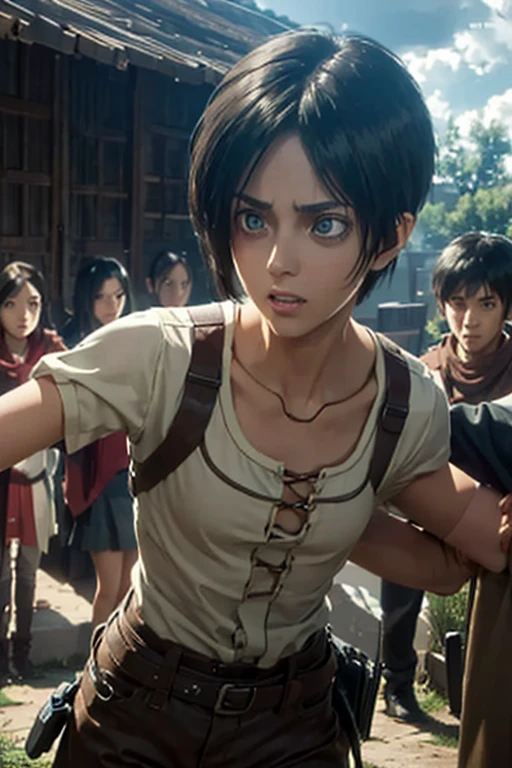 "Using 'Anime Style Realistic Model' and 'Anime to Real LoRA', create a 3D rendering of Eren Yeager and Mikasa Ackerman from Attack on Titan. Retain their anime-style facial features with large expressive eyes, intense emotions, and sharp details, but adapt their hair, skin texture, and clothing to look realistic. Eren should have messy brown hair, determined eyes, and a strong posture, while Mikasa should have short black hair, calm but powerful eyes, and a confident stance. Place them in a dystopian world with a dramatic sky, using soft lighting to enhance the emotional tone and make the characters appear both anime-like and lifelike."
