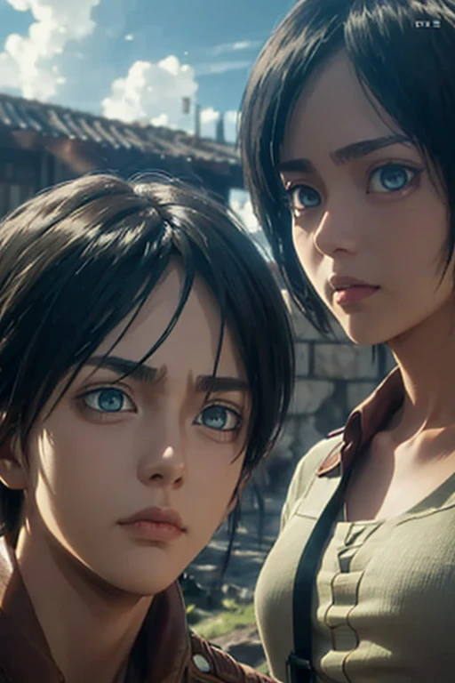 "Using 'Anime Style Realistic Model' and 'Anime to Real LoRA', create a 3D rendering of Eren Yeager and Mikasa Ackerman from Attack on Titan. Retain their anime-style facial features with large expressive eyes, intense emotions, and sharp details, but adapt their hair, skin texture, and clothing to look realistic. Eren should have messy brown hair, determined eyes, and a strong posture, while Mikasa should have short black hair, calm but powerful eyes, and a confident stance. Place them in a dystopian world with a dramatic sky, using soft lighting to enhance the emotional tone and make the characters appear both anime-like and lifelike."
