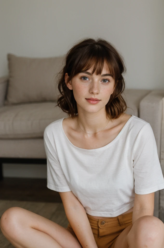 Beautiful 20 year old european woman with dark auburn hair, bangs, short hair, braided updo, freckles, dimples: 1.3, blushing, hazel eyes, relaxed, living room, sitting on the floor, pov, dim light, high quality, high detail, perfect features, perfect face, nose blush, strapless, midriff, shorts, wet cameltoe