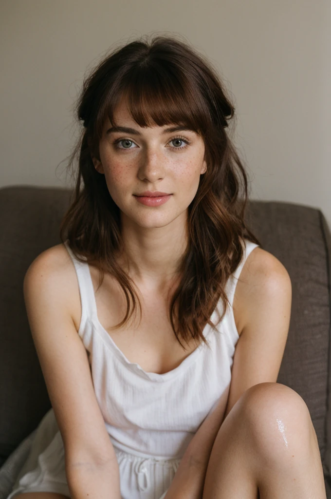 Beautiful 20 year old european woman with dark auburn hair, bangs, short hair, braided updo, freckles, dimples: 1.3, blushing, hazel eyes, relaxed, living room, sitting on the floor, pov, dim light, high quality, high detail, perfect features, perfect face, nose blush, strapless, midriff, shorts, wet cameltoe