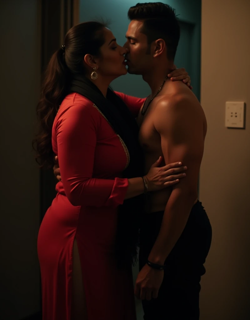 photo of Voluptuous Mature Indian Aunty with dusky skin, wearing tight Red Kurti and Black stole around her throat, showing her large U cut Cleavage, Hair Tied behind,Standing and Kissing a Slim Young boy, Dim Night light in the room.