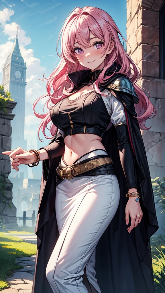 a young woman with beautiful detailed long pink hair, beautiful detailed purple eyes, beautiful detailed lips, standing on a medieval road, wearing a modern black coat, modern black suit, masterpiece, (best quality,4k,8k,highres,ultra-detailed,extremely detailed:1.2),realistic,photorealistic,photo-realistic:1.37,HDR,UHD,vivid colors,dramatic lighting,cinematic,concept art, confident expression, royal pose