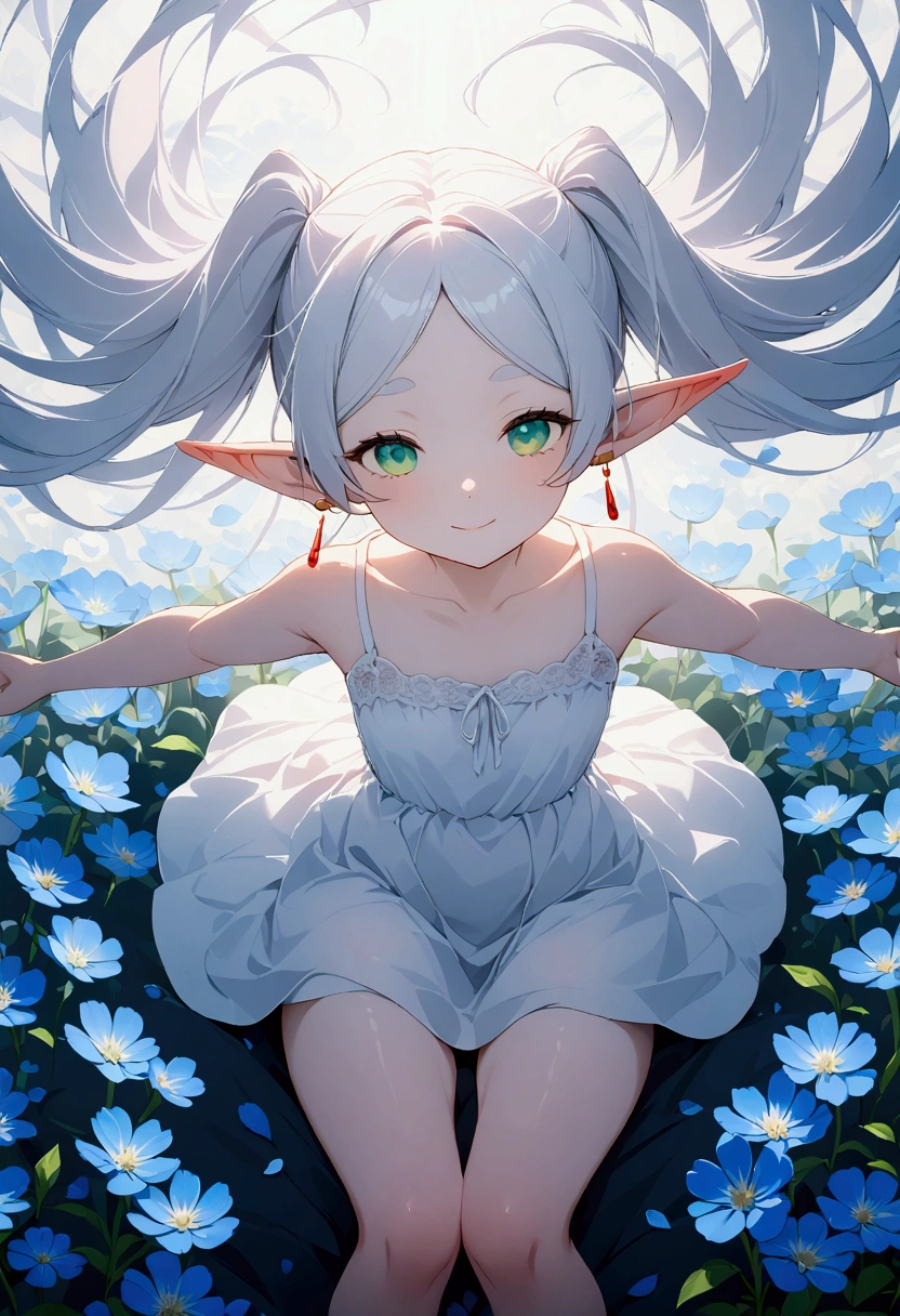  High image quality 、masterpiece、  high quality、Full HD、4K 、A girl is sleeping on the ground 、View from above、 and close your thighs、 place your hands above your head、Stretch your arms、 Funeral Freelen、  silver hair、  twin tails、 Green Eyes、Elf Ears、 Red Earrings 、 white camisole、  flat chest、smile、Blue Flower Field、Many petals are flying