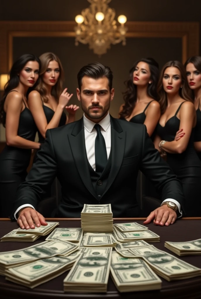 A charismatic young magician who is BALD and BEARDED, blue formal dress with gold, with jewelry and dollars coming out of his pocket, is standing confidently. Next to you, two stunning women, dressed in sophisticated and minimalist clothes, super sexy both kissing the man's cheek, representing wealth and attraction, showing their entire bodies down to their high heeled feet. Ao fundo, a high-end silver MERCEDES BENS car, like a Porsche are featured, highlighting a life of wealth and luxury. The scene captures the essence of magical opulence and financial success., with each element emphasizing ultra-royal wealth and prestige, money, wealth, might, dollars, gold