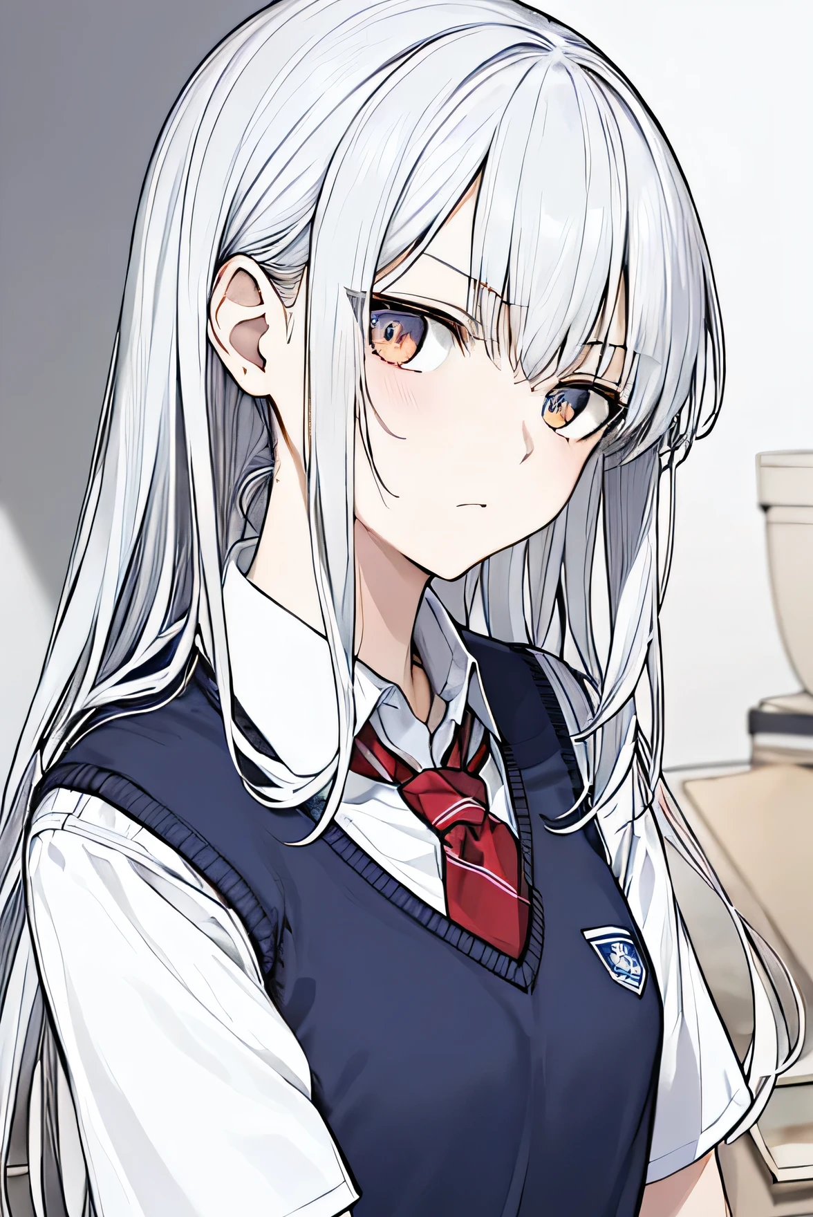 Anime girl with long white hair and blue eyes in a school uniform ...