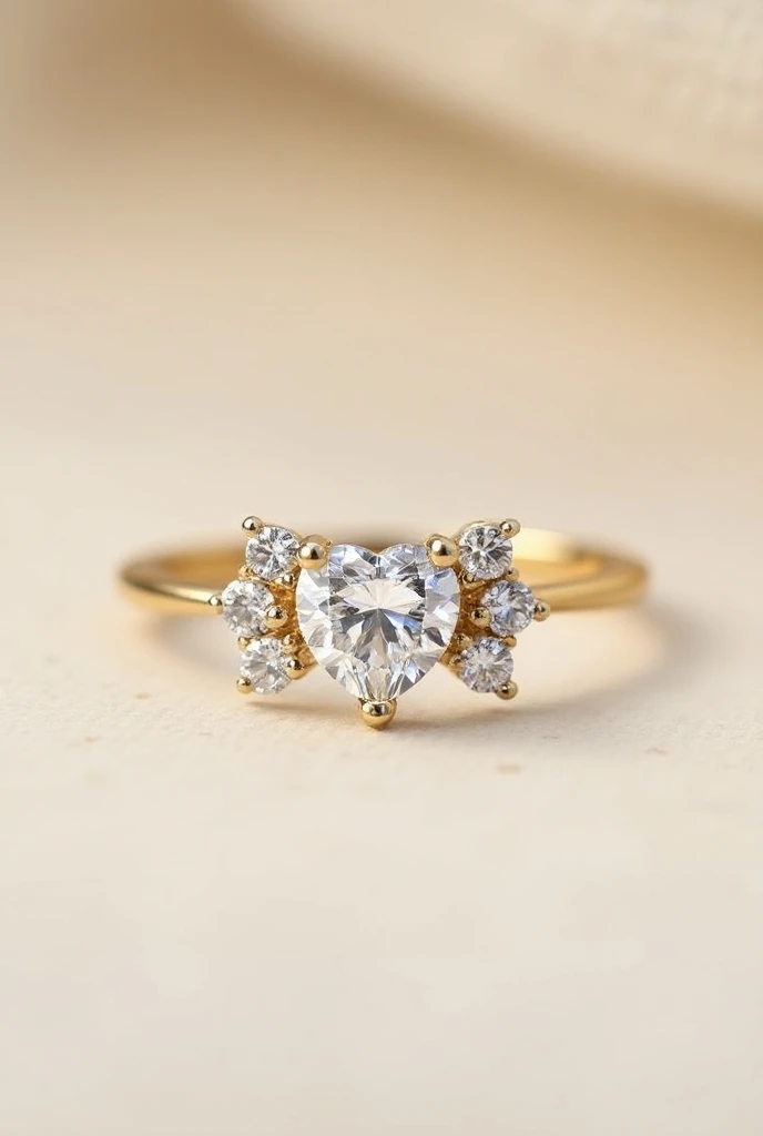 Create me an engagement ring in gold with a central diamond in the shape of a small heart and on the sides three small diamonds on each side.