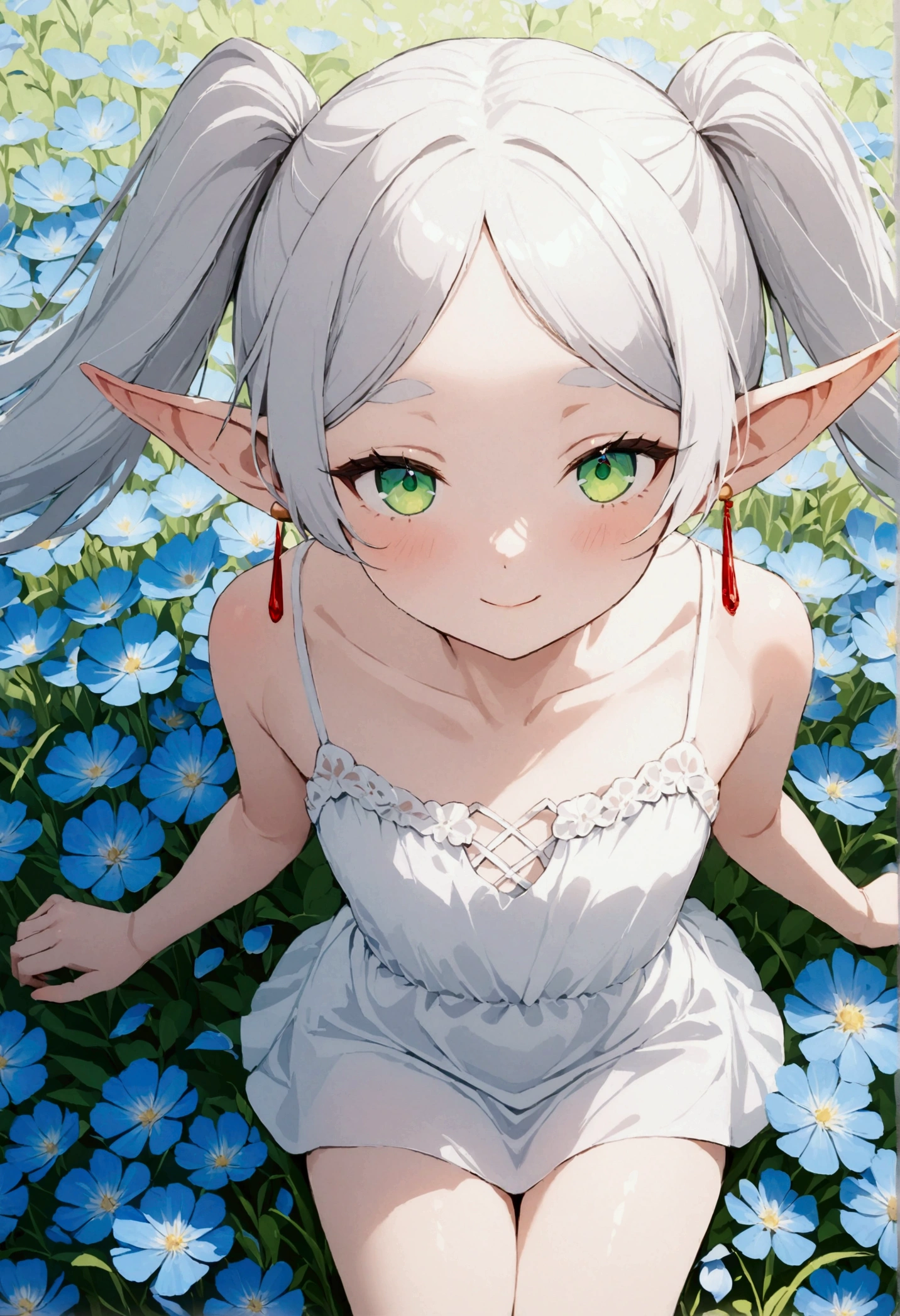  High image quality 、masterpiece、  high quality、Full HD、4K 、A girl is sleeping on the ground 、View from above、 and close your thighs、 place your hands above your head、Stretch your arms、 Funeral Freelen、  silver hair、  twin tails、 Green Eyes、Elf Ears、 Red Earrings 、 white camisole、  flat chest、smile、Blue Flower Field、Many petals are flying