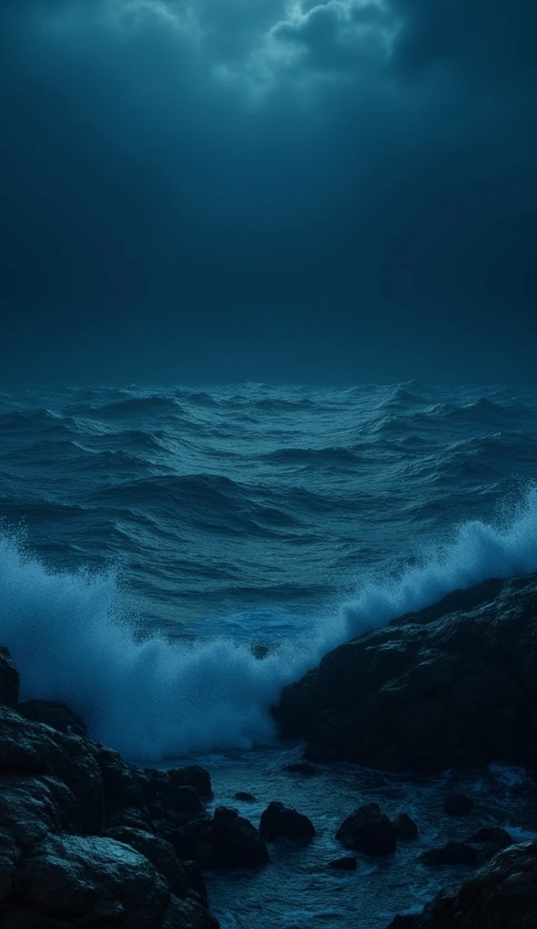 dark dangerous scary ocean water floating in a storm, the ocean is a mixture of blue and black water dur to night light, over the shoulder shot ,camera focus on ocean, portrait, 3D, blender, C4D