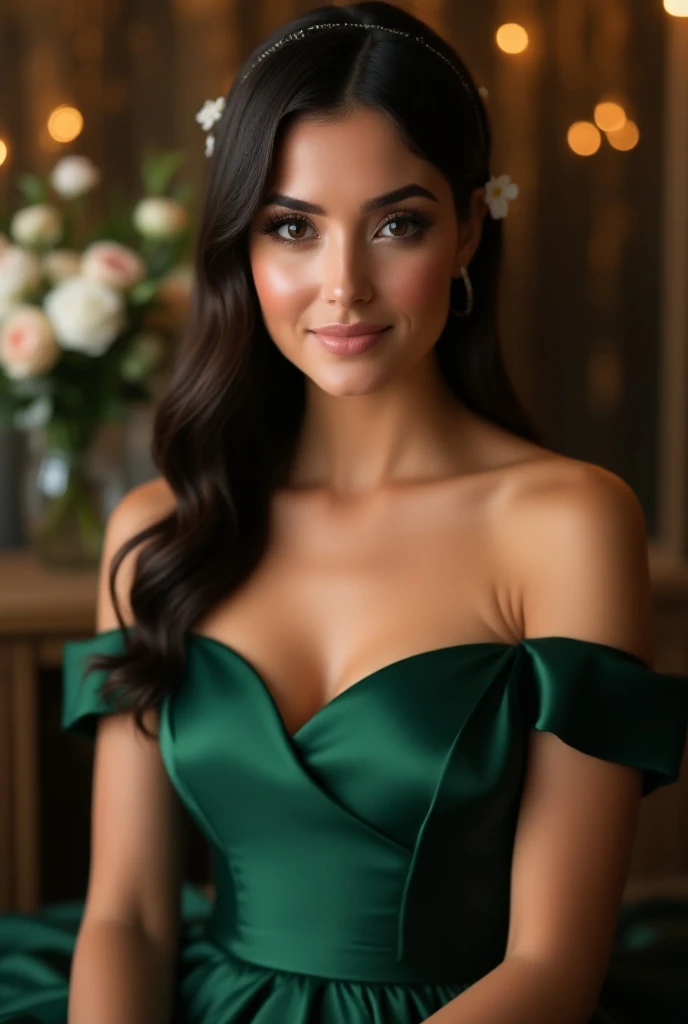 Realistic photo of the upper body of a smiling woman, Beautiful black-haired woman with long hair, She dances in front of the camera in a long A-line bridesmaid dress with straps made of shiny green satin., Park,glamour fotoshooting, Wedding celebration, perfect anatomy, perfect brown eyes. Perfect hands with 5 fingers on each hand, Suitable woman , looking at the camera, 1 Frau. (Eye make up:1.1), (highly detailed skin:1.1), spirit, analog style, keen focus, 8K UHD, dslr, good quality, Fujifilm XT3, Grain, Award-winning, masterpiece. Wedding celebration