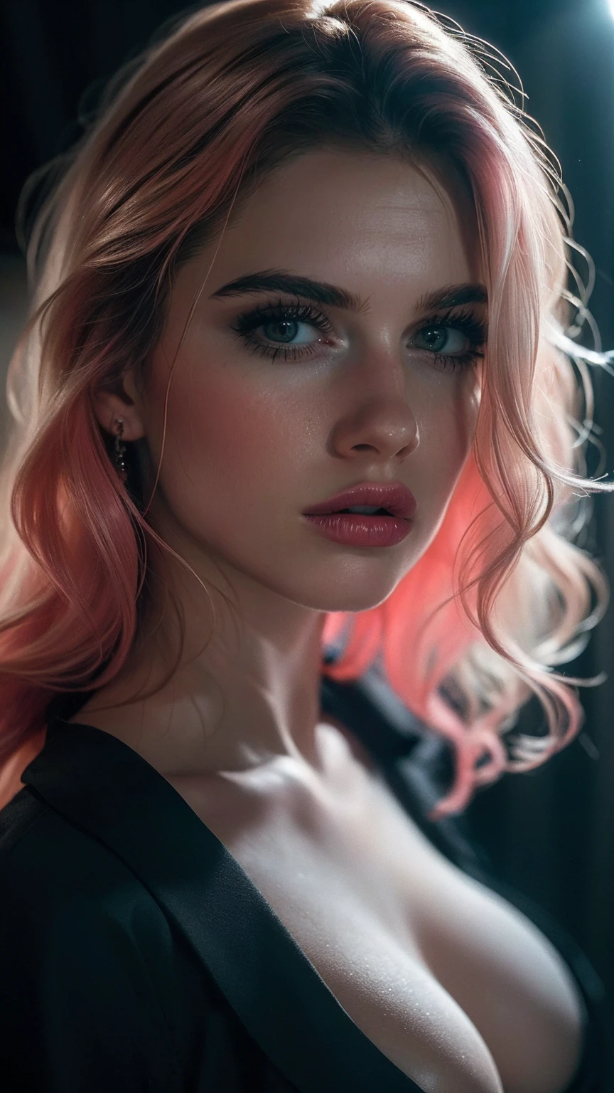 (((ultra realistic))) , masterpiece, top quality, (pale skin), (Ultra detailed face and eyes:1.1), 1 girl, Adult, deep neckline, waist up pose , upper knees pose , (Eye makeup, mascara) , ((large detailed lips)), ((pink wavy hair)), ((Chyolka)) , ((Natural breasts)). ((Posing)), photoshoot, studio ((contour light)), (The play of light and shadows), depth of field, bokeh, (special attention to skin detail: 1.2), (Cold atmosphere of the frame, Bright colors, Colours black),