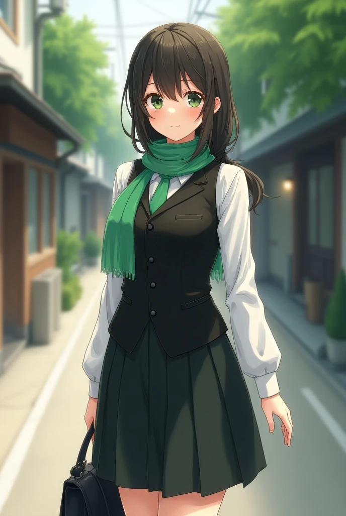 ((Masterpiece, Best quality, A high resolution, hyper HD, Perfect pixels, Depth of field, 4K, RTX, hdr))), 1girll, Single, Solo, Beautiful anime girl, Beautiful Art Style, anime figure, ((Long hair, bangs, Brown hair, Curly hair:0.8)), ((Green eyes:1.4, Rounded eyes, Beautiful eyelashes, Realistic eyes)), ((Detailed face, Blushing:1.2)), ((Smooth texture:0.75, Realistic texture:0.65, Photorealistic:1.1, Anime CG style)), Medium breasts, Dynamic Angle, Perfect body, ((Portrait, angle of view)), ((Black stepmother skirt)), Smile, An amusement park