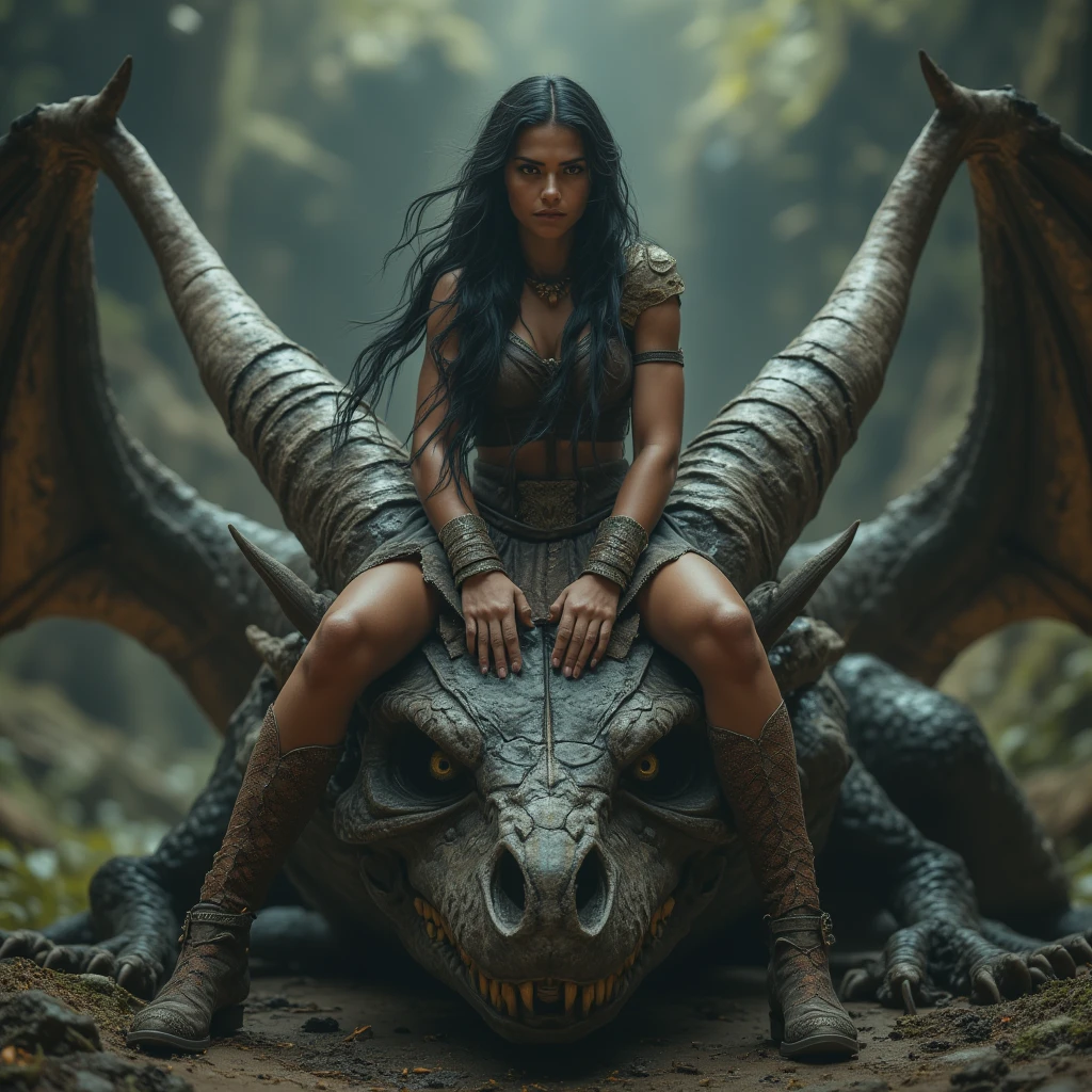 Ancient Age, front, realistic cinematic scene, best quality, ultra-detailed, charming facial features, beautiful sexy Ancient Age barbarian girl, black hair, sitting with legs apart on a huge ghost dragon scull head, holding a big sword, 