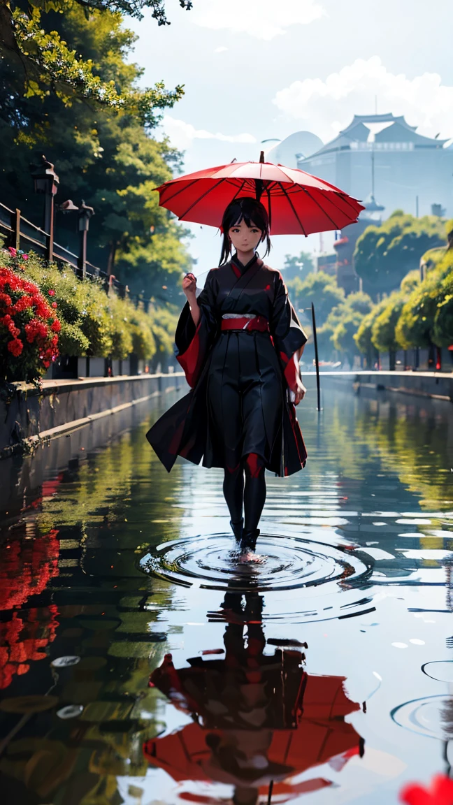 A girl walks on water with a red Japanese umbrella that evaporates in the wind, black background, red flowers on water
