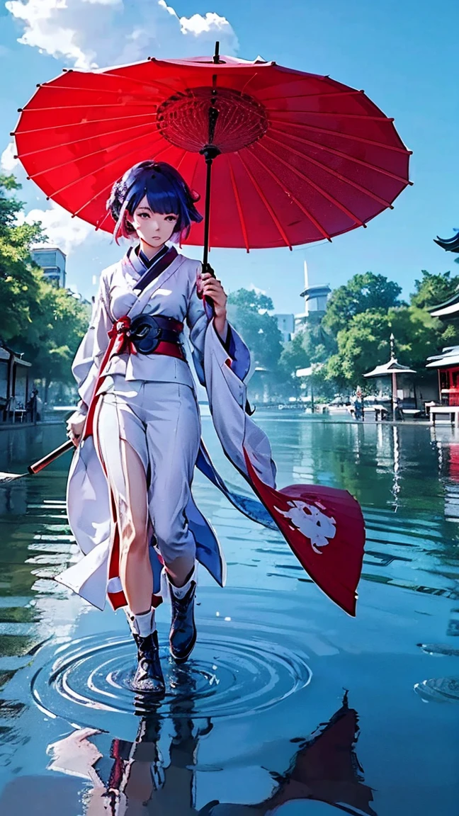 A girl walks on water with a red Japanese umbrella
