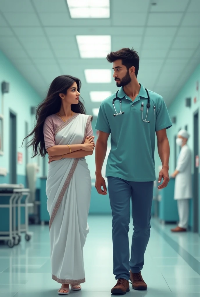 A girl doctor waking ahead and dashing police officer looking at her lovingly indian
