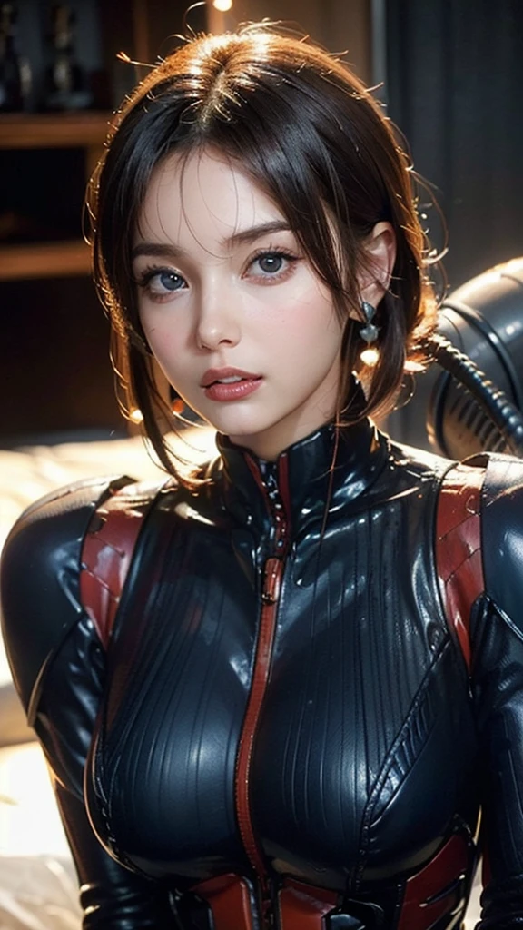 masterpiece,((Beautiful Face:1.2)), ((realistic:1.2)),Best Quality,((Natural huge breasts)),((Upper Body)),  1 girl, (( plug suit that fits your skin perfectly:1.4)), Perfect Eyes,  perfect face, Kuvshinov, Cowboy Shooting,