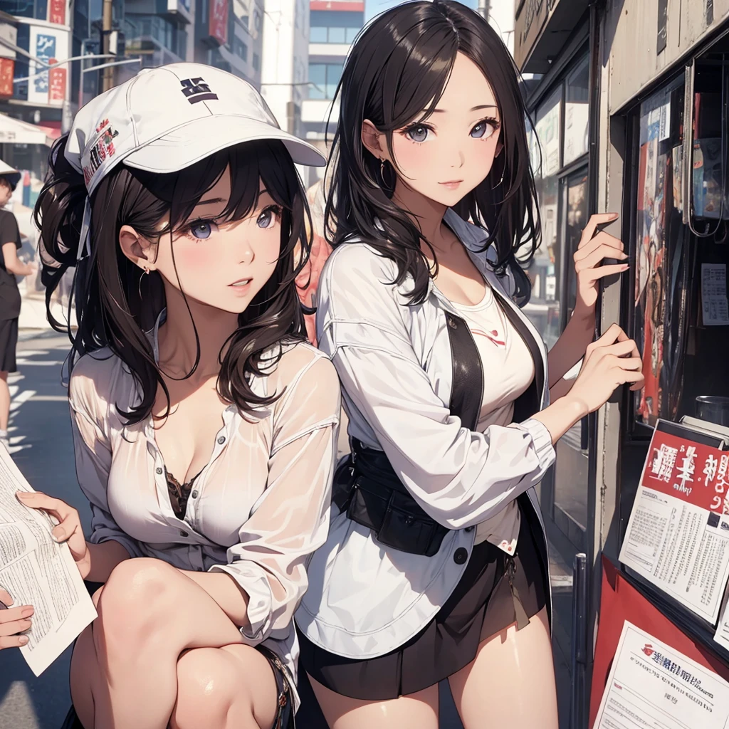 (((yuri))), (((2 girls))), Basketball shirt, baseball cap, Hot Pants, absurdres, RAW photo, extremely delicate and beautiful, masterpiece, Best Quality, ultra high resolution, 32k, hyperrealistic, ultra-detailed, detailed description, perfect anatomy, pale skin, 20 years old, detailed beautiful face and eyes, tearful mole, earring, short medium hair, wavy hair, random colored hair, whole body shot, colossal tits, 