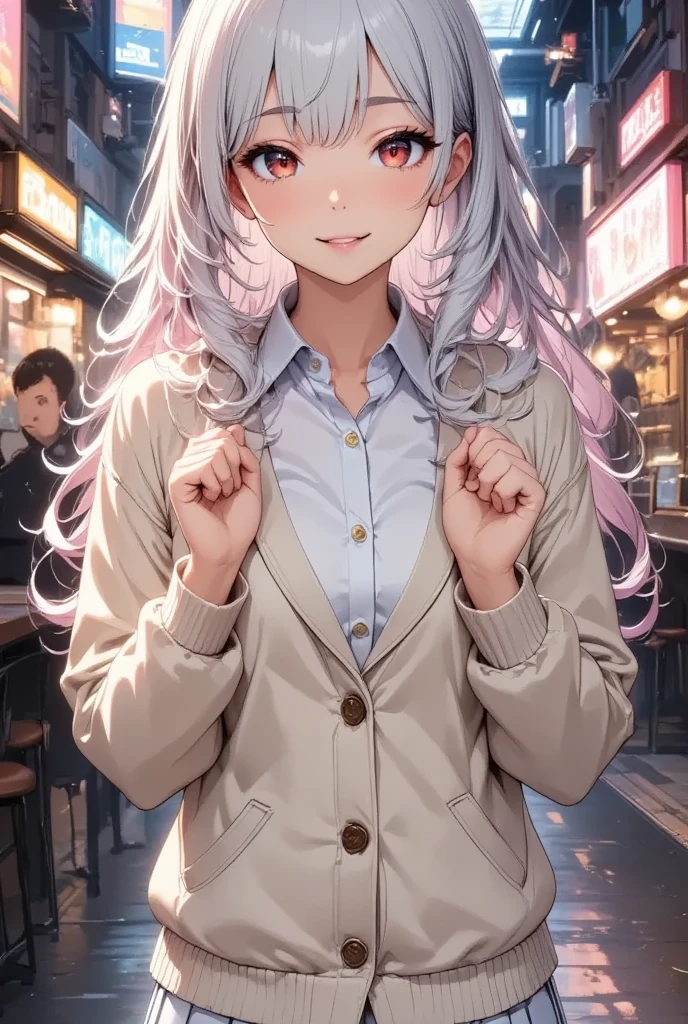 1girl,  she has rabbit ears ,  she's a cute high school girl , Cream-colored cardigan with extra sleeves,  white shirt ,  a ribbon with a design ,  mini skirt,  small breasts,  beautiful long silvery white hair ,  Healthy Thighs, Detailed depiction of thighs, Her beautiful,  her adorable eyes shine like jewels , ((  Face Closeup  :1.4,  a nice pop smile , Smiling brightly:1.3,  peace sign with both hands:1.35,  double piece:1.3)),  beautiful digital art ,  fast food restaurants, Inside the store, masterpiece, Best Quality,  Ultra High Definition,rich contrast,  great quality ,8k,  very detailed, Best Quality anime,Please redeem Deep Borderline 1 .2,  ultra-detailed eyes , Beautiful and glossy lips 