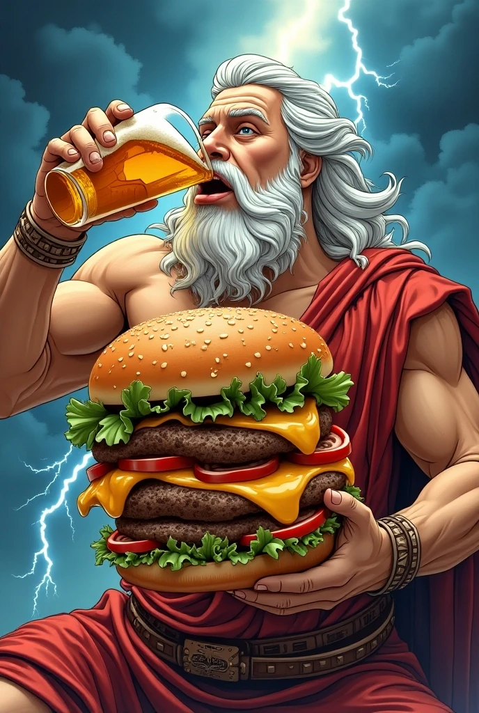 arafed image of a man with a large beard holding a tight wrapped large sandwich, furious god zeus, the god zeus, epic scene of zeus, the god poseidon, the god hades, greek god, the greek god, olympian god, greek myth digital painting, mythology artwork, the god emperor of mankind, norse god, ancient god, greek gods, with big text in the middle “Zeus Kebab”, more lightning and logo text “Zues Kebab”