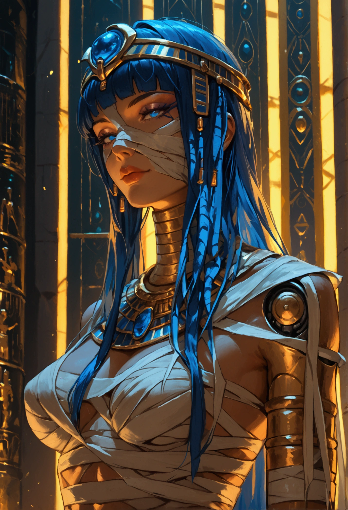 score_9, score_8_up, score_7_up, 1girl,  (((cybernetic mummy))), pharaoh, connected to throne with cables, in a futuristic Egyptian tomb,