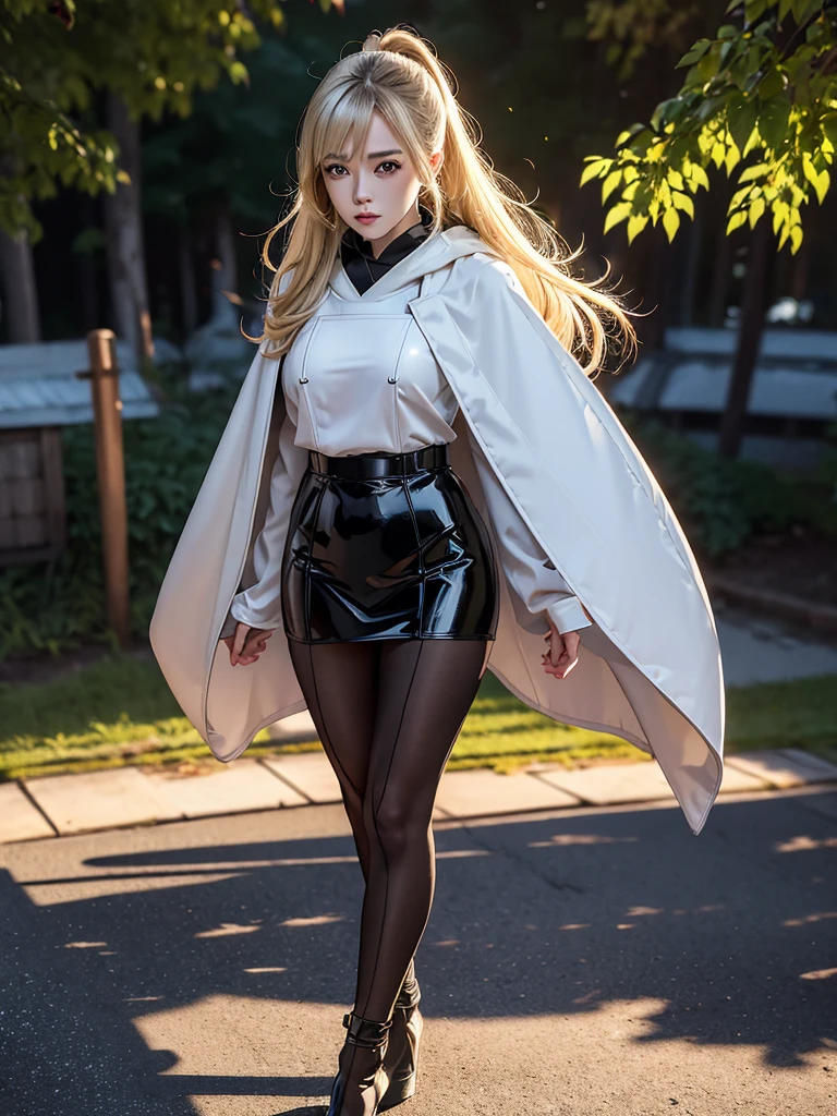 (masterpiece), best quality, highest quality, extremely detailed, beautiful face, CG unity 8k wallpaper, detailed and intricate, original,highres, \\ Princess Zelda, walking, red lipstick, red nail polish, flat chest, sexy, white blazer, long coat, red scarf, black shirt, red necktie, long blonde hair, looking at viewer, NSFW, \\ office lady, suits, red leather pencil skirt, (transparent black pantyhose), white high heels, handbag, full body, \\ holding white umbrella, cold, street, subway station, shop border, akihabara \(tokyo\), shibuya \(tokyo\), shinjuku \(tokyo\), tree, clouds, rain\\ beautifully detailed background, depth of field,loli:0.1,realistic:1.3, (ambient light:1.3),(cinematic composition:1.3),(neon lights:0.1),(HDR:1),Accent Lighting, (pantyshot:1.2),from below,
