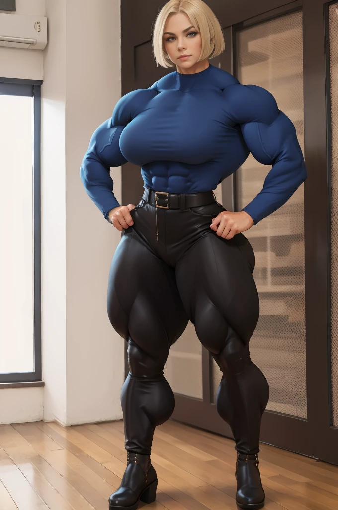 tmasterpiece,Burly woman,Exaggerated large muscles,skinny pants,high-heels, standing on your feet, beautiful attractive face,Full body like, Single female,Very fair skin,Thin waist,Very broad shoulders, Strong and powerful arms,Stout arms,Strong and powerful leg muscles,looking to the camera