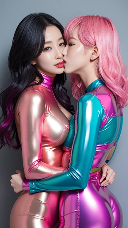 2girls、the kiss、embracing each other、Entwining legs、Bright pink short curled hair、Dark red lipstick、Hot kiss、big round chest、Wet gloss metallic competitive swimsuit、boots、Turn your butt towards us、