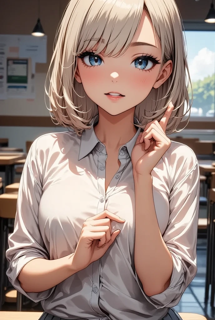 1girl, She's a cute schoolgirl ,  cream colored cardigan with extra sleeves,  white shirt ,  a ribbon with a design ,  mini skirt,  small breasts,  beautiful long silvery white hair ,  Healthy Thighs, Detailed depiction of thighs, Her beautiful,  her adorable eyes shine like jewels , ((  Face Closeup  :1.4,  a nice pop smile , Smiling brightly:1.3,  peace sign with both hands:1.35,  double piece:1.3)),  beautiful digital art ,  fast food restaurants, Inside the store, masterpiece, Best Quality,  Ultra High Definition,rich contrast,  great quality ,8k,  very detailed, Best Quality anime,Please redeem Deep Borderline 1 .2,  ultra-detailed eyes , Beautiful and glossy lips 