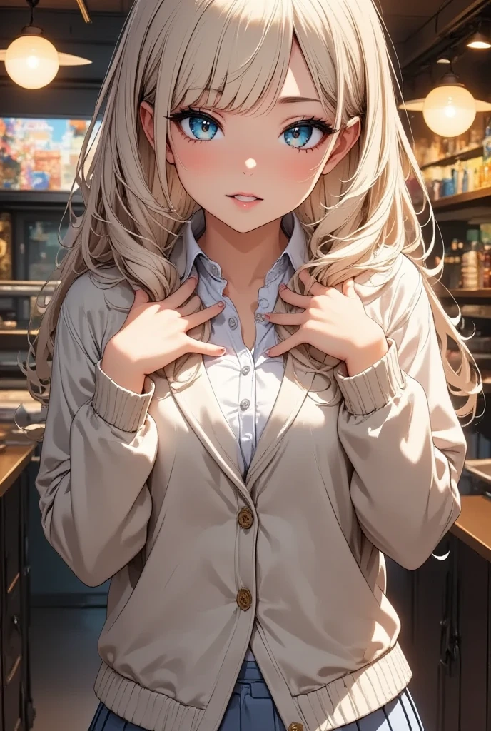 1girl, She's a cute schoolgirl ,  cream colored cardigan with extra sleeves,  white shirt ,  a ribbon with a design ,  mini skirt,  small breasts,  beautiful long silvery white hair ,  Healthy Thighs, Detailed depiction of thighs, Her beautiful,  her adorable eyes shine like jewels , ((  Face Closeup  :1.4,  a nice pop smile , Smiling brightly:1.3,  peace sign with both hands:1.35,  double piece:1.3)),  beautiful digital art ,  fast food restaurants, Inside the store, masterpiece, Best Quality,  Ultra High Definition,rich contrast,  great quality ,8k,  very detailed, Best Quality anime,Please redeem Deep Borderline 1 .2,  ultra-detailed eyes , Beautiful and glossy lips 