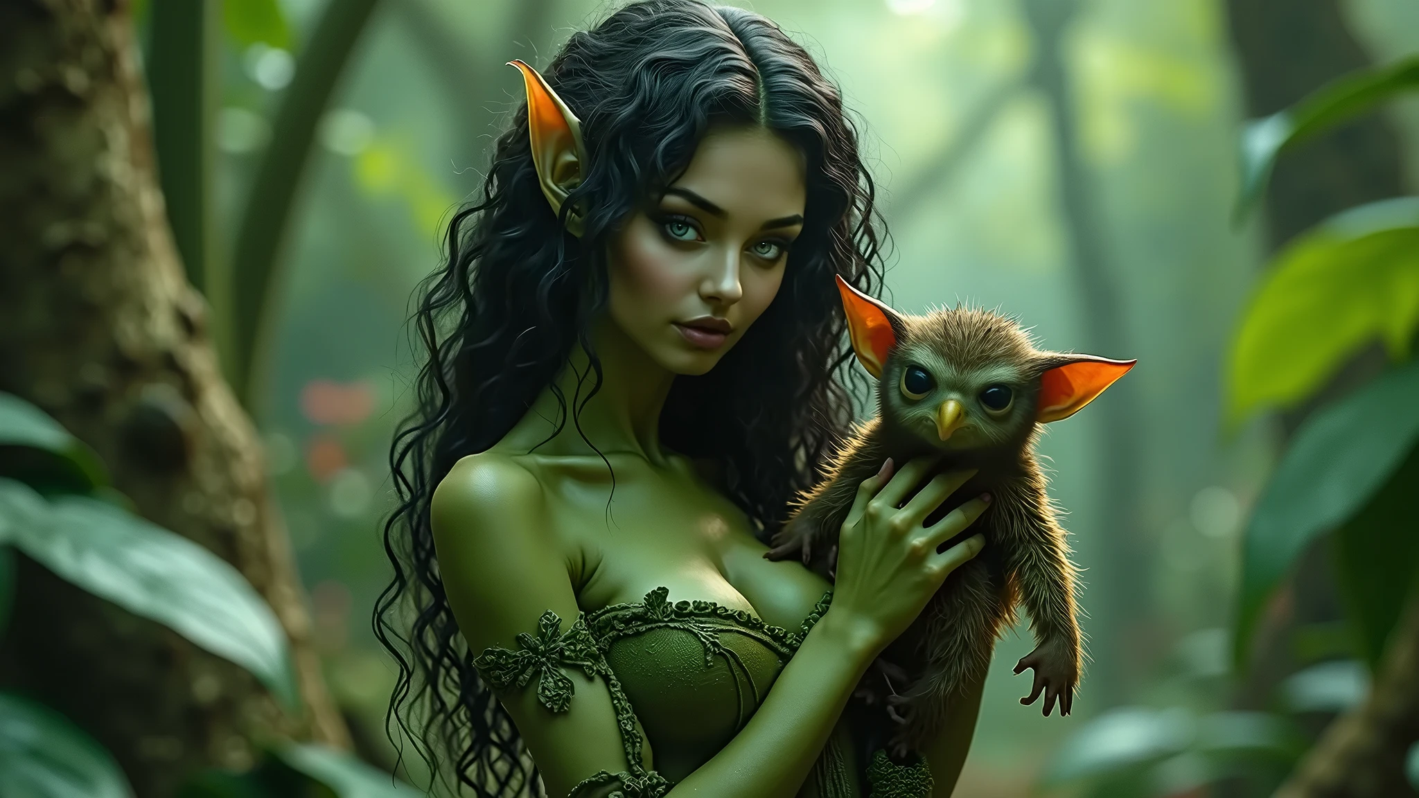 a sexy green alien girl in a lush forest, holding a cute hairy gremlin, extremely detailed, photorealistic, 8k, extremely detailed face and eyes, long curly hair, realistic skin texture, detailed clothing, cinematic lighting, dramatic colors, fantasy art style