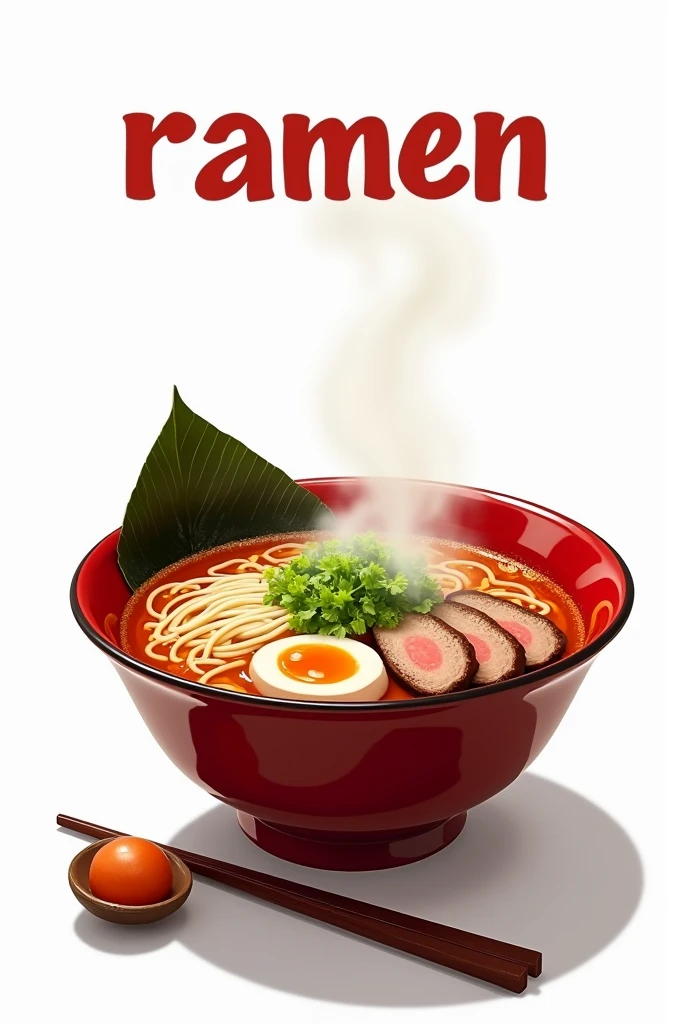  An image on a white background of a pot of soup steaming and looking appetizing together with some chopsticks.  Above the image the text  "ramen"  appears and below the image is written the text  "català "