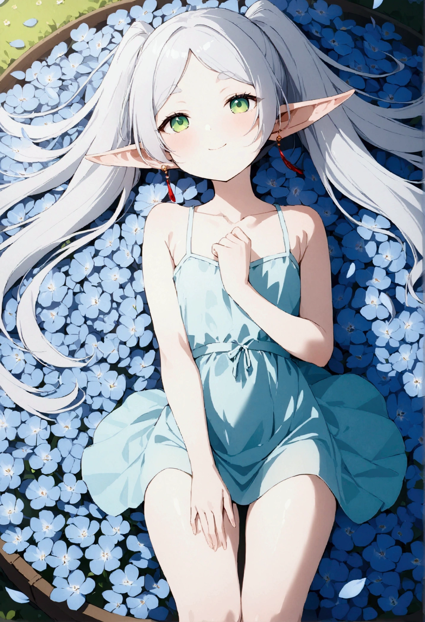  High image quality 、masterpiece、  high quality、Full HD、4K 、A girl is sleeping on the ground 、View from above、 and close your thighs、Place your hands together above your head、Show me your side、 Funeral Freelen、  silver hair、  twin tails、 Green Eyes、Elf Ears、 Red Earrings 、 white camisole、  flat chest、smile、Blue Flower Field、Many petals are flying、petal effect