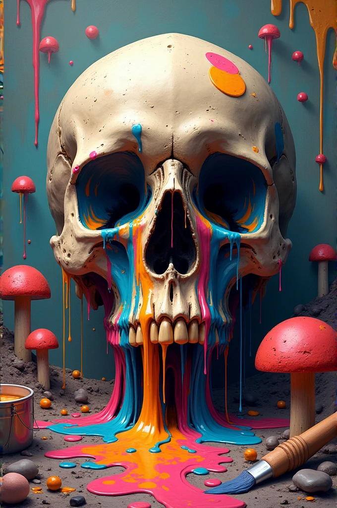 (double exposure:1.3) effect of a lion skull and fly agaric mushrooms, superimposed on a tranquil landscape, ultra detailed