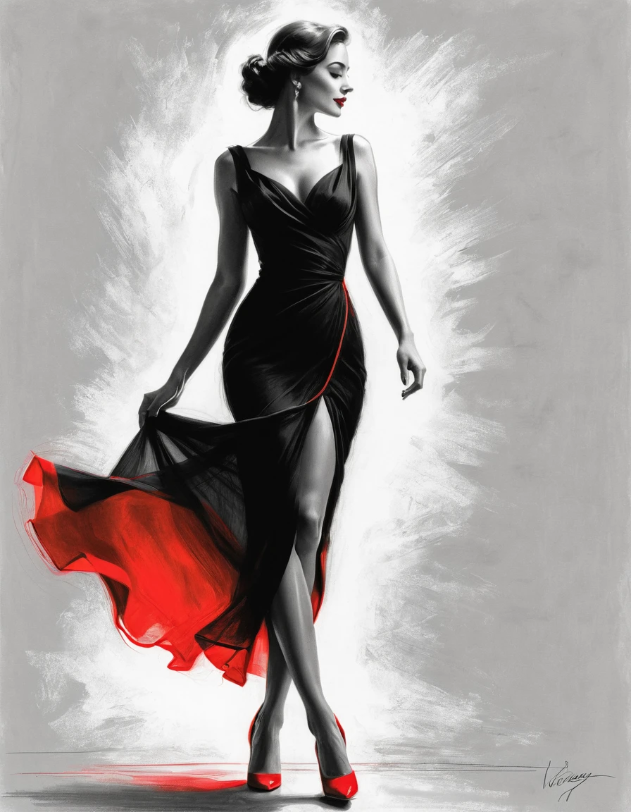 charcoal drawing, black pencil, Pencil drawing, line drawing, elegant beautiful woman in flowing tango dress (her silhouette outlined in glowing red). Walking towards the viewer. (Vladimir Volegov style: 1.1). (her silhouette outlined in glowing red). red white on gray color palette. professional, sleek, modern, minimalist, graphic, line art, vector graphic, black and white drawing, graphite drawing