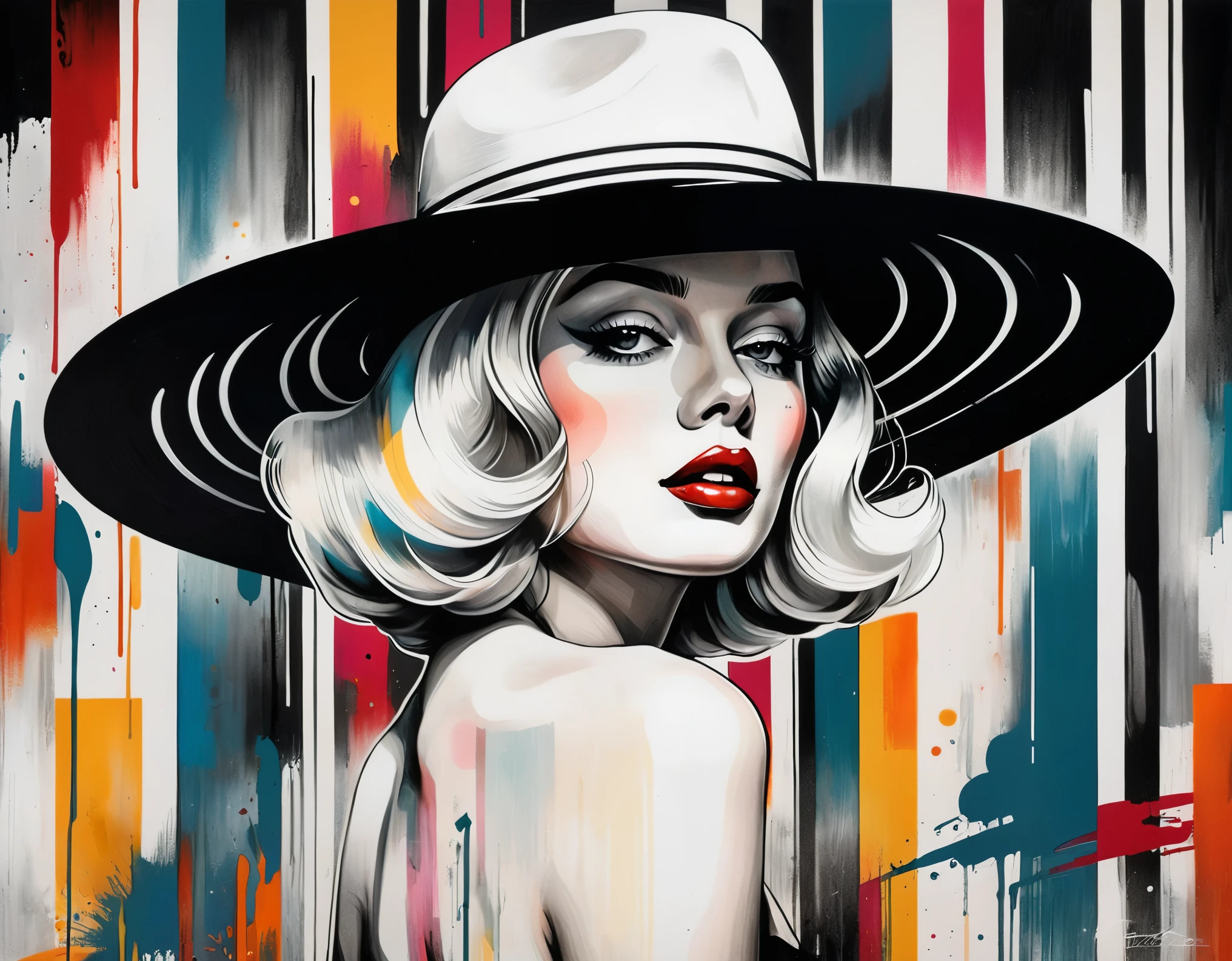 chiaroscuro technique on sensual illustration of an elegant  glamour a girl with elegant hat black and white barcode generates the subtitles, vintage beauty, eerie, the model draped in flowing, thick oil painting, by Hannah Dale, by Harumi Hironaka, Stunningly beautiful goddess (mix of Vanessa Ferlito | Marilyn Monroe), (character splash art:1.2), model pose, 
Art by Adrian Johnson, 
Bold use of color and geometric shapes to create abstract and stylized illustrations that represent simplicity and minimalism. The artwork embodies playful charm with a -like innocence and is known for a friendly and approachable tone. Strong visual impact through a harmonious blend of clean lines and bright colors.
