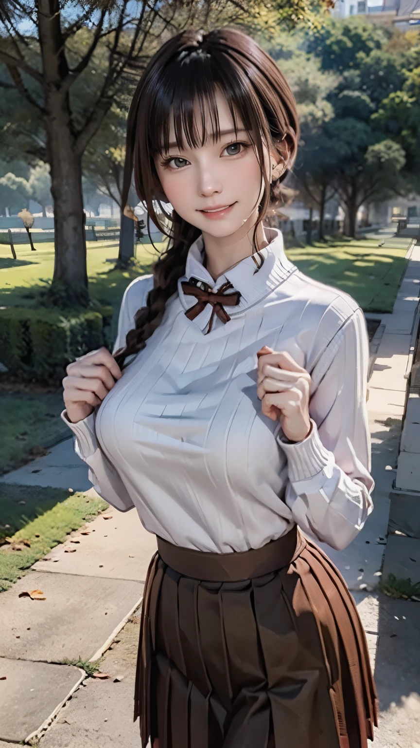 One woman standing,  mature woman , /( Ribbed sweater/) /( red pleated skirt/), /(Brown Hair/) bangs,  Gentle Blushing Smile , ( greatest masterpiece highest quality :1.2)  Delicate Ultra Detailed Illustrations,  big breasts at the temple, Lower your arms BREAK /(Outdoors in the park/) Brick Road, Autumn leaves on a tree々,  detailed background ,collar,(((after sex)))