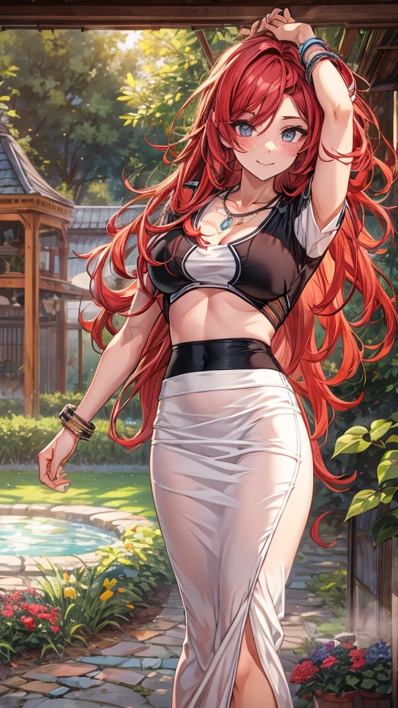 1 Anime girl, pony tail, glasses, red hair, teen, red lingerie , good anatomy, hair pin, full body, under mapple tree, big boobs, smile, swating