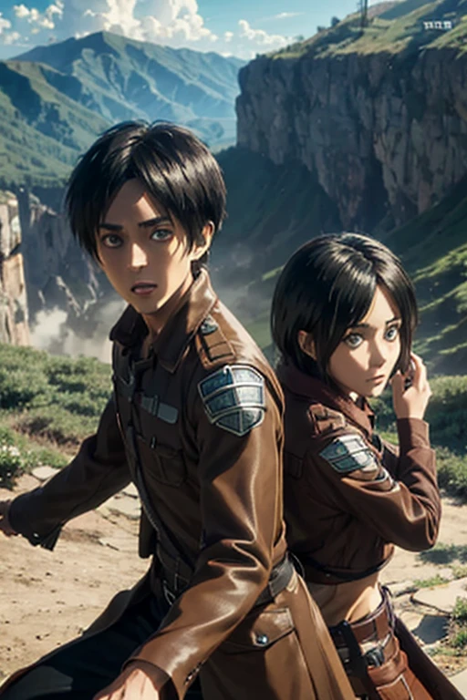 "Using 'Anime Style Realistic Model' and 'Anime to Real LoRA', create a 3D rendering of Eren Yeager and Mikasa Ackerman from Attack on Titan. Retain their anime-style facial features with large expressive eyes, intense emotions, and sharp details, but adapt their hair, skin texture, and clothing to look realistic. Eren should have messy brown hair, determined eyes, and a strong posture, while Mikasa should have short black hair, calm but powerful eyes, and a confident stance. Place them in a dystopian world with a dramatic sky, using soft lighting to enhance the emotional tone and make the characters appear both anime-like and lifelike."
