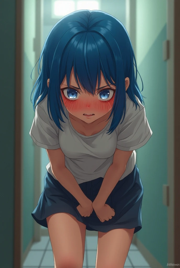 (masterpiece, best quality:1.2), (nsfw, futanari), (1girl, solo), 16years old, (upper body, portrait), Twitter-chan, (blue medium hair, ponytail), (scared expression, crying), black shirt, (unzipped denim shorts:1.1), middle penis, (arms behind back:1.2), concrete wall background