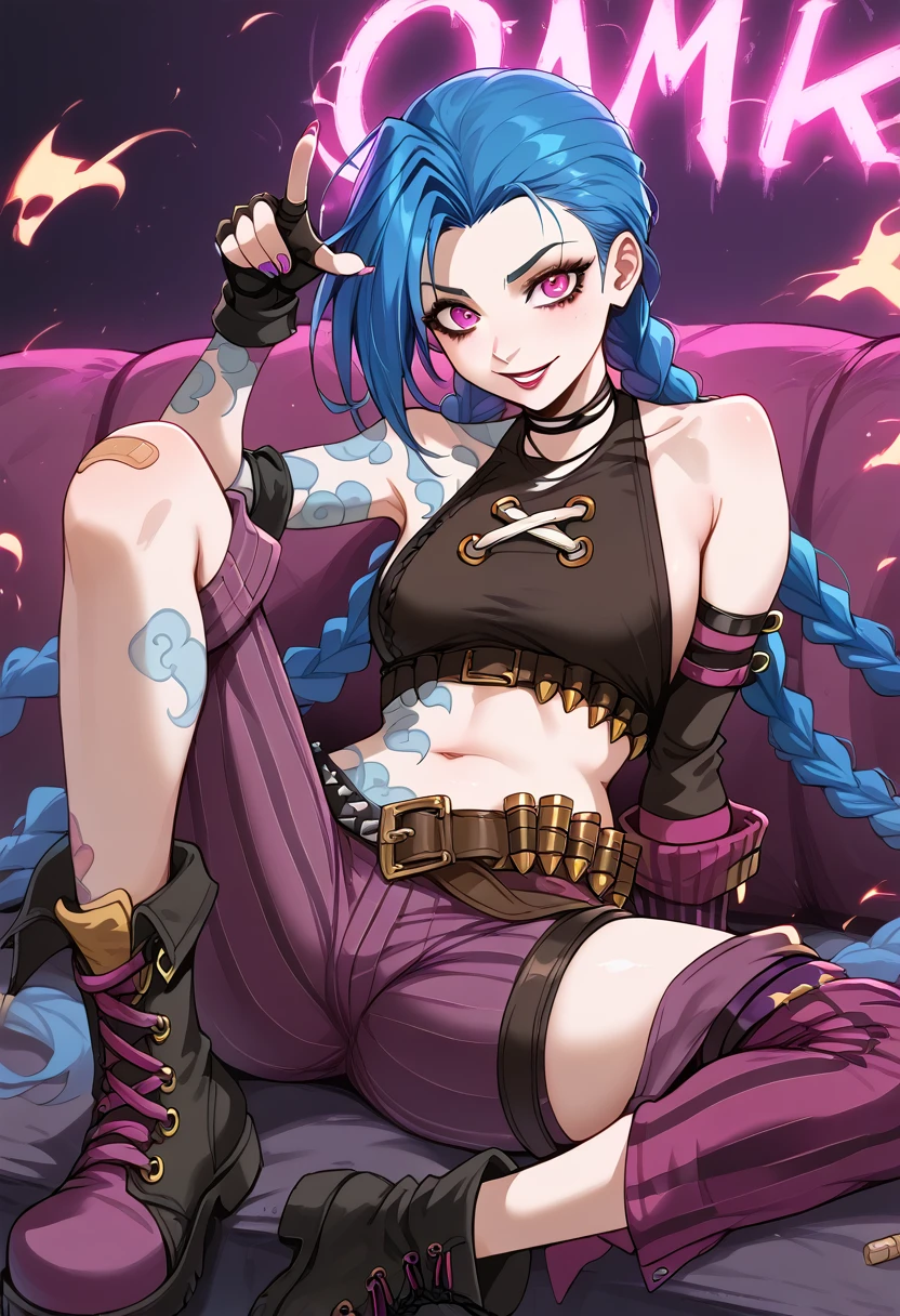 1girl, long hair, twin braids, bare shoulders, choker, crop top, fingerless gloves, detached sleeves, single sleeve, midriff, belt, nail polish, tattoo, bandaid on leg, pants, boots, striped
