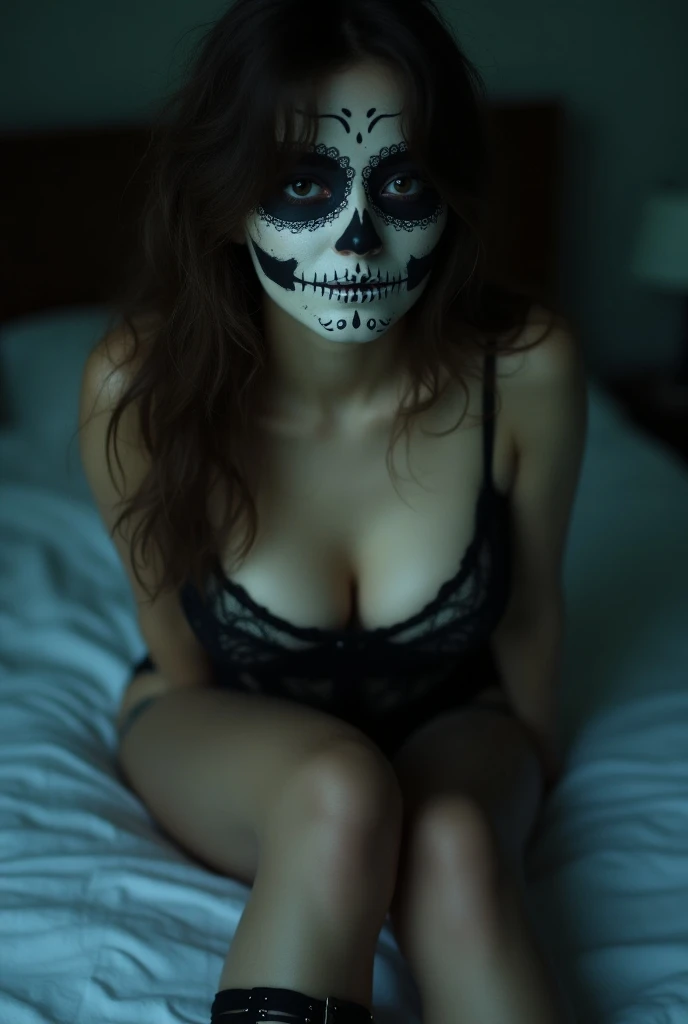 realistic photo, a japanese woman, with sugar skull de los muertos mexican face mask is nude, lying on bed with legs spread, detailed face and body, natural lighting, high resolution, photorealistic, (best quality,8k,highres,masterpiece:1.2),ultra-detailed,(realistic,photorealistic,photo-realistic:1.37),realistic skin texture,detailed eyes and lips,beautiful detailed face,long eyelashes,smooth skin,natural body shape