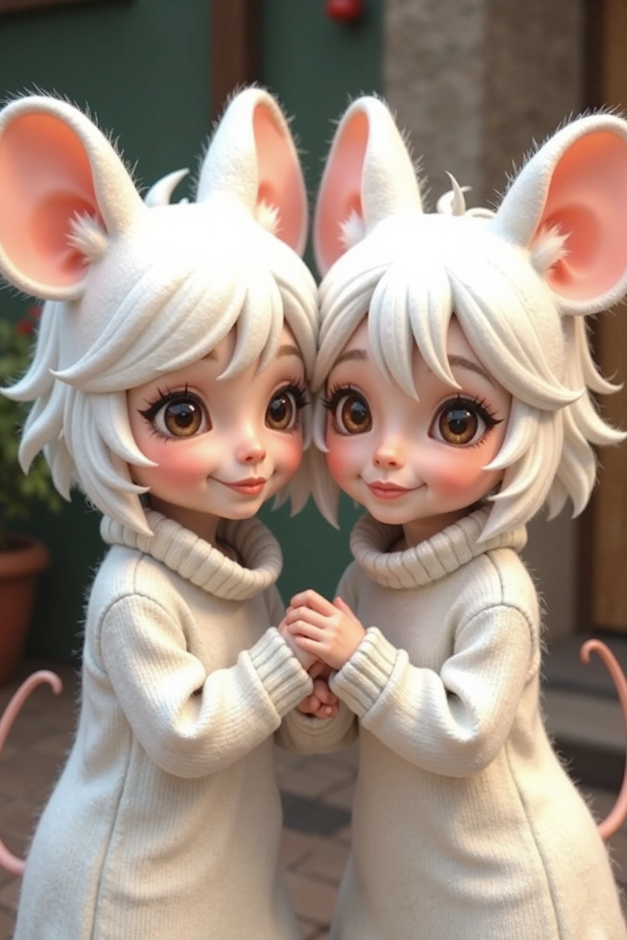 Twins, mouse girls, short fluffy white hair, big round mouse ears, white sweaters, holding hands, ((dark brown eyes)), couple, beautiful, glossy lips, detailed eyes