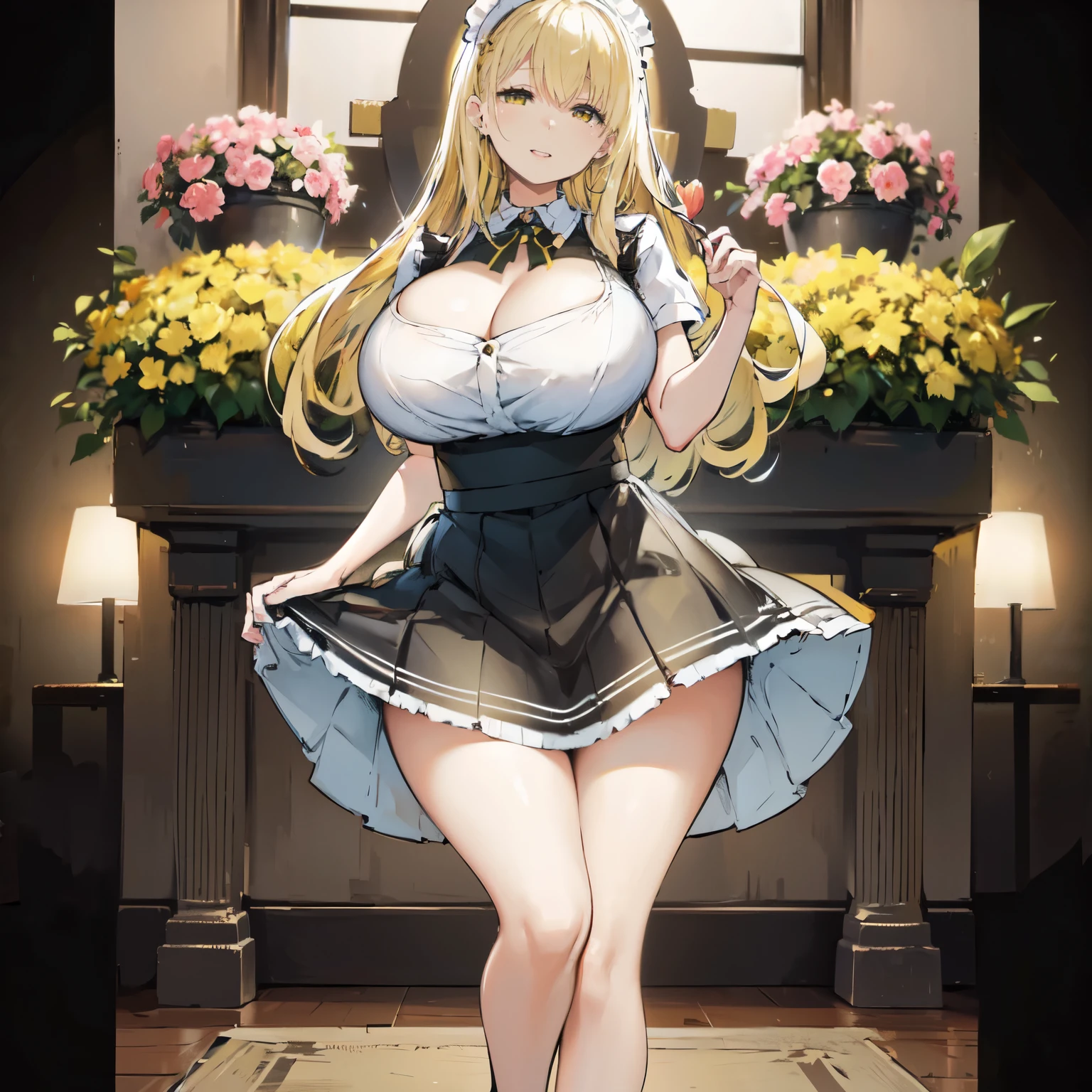 Blonde hair, very huge  tits , ((maid uniform, long skirt)), thick, busty, ((yellow eyes)),upperbody, smile, cleavage, legs, long hair,thigh, flower garden