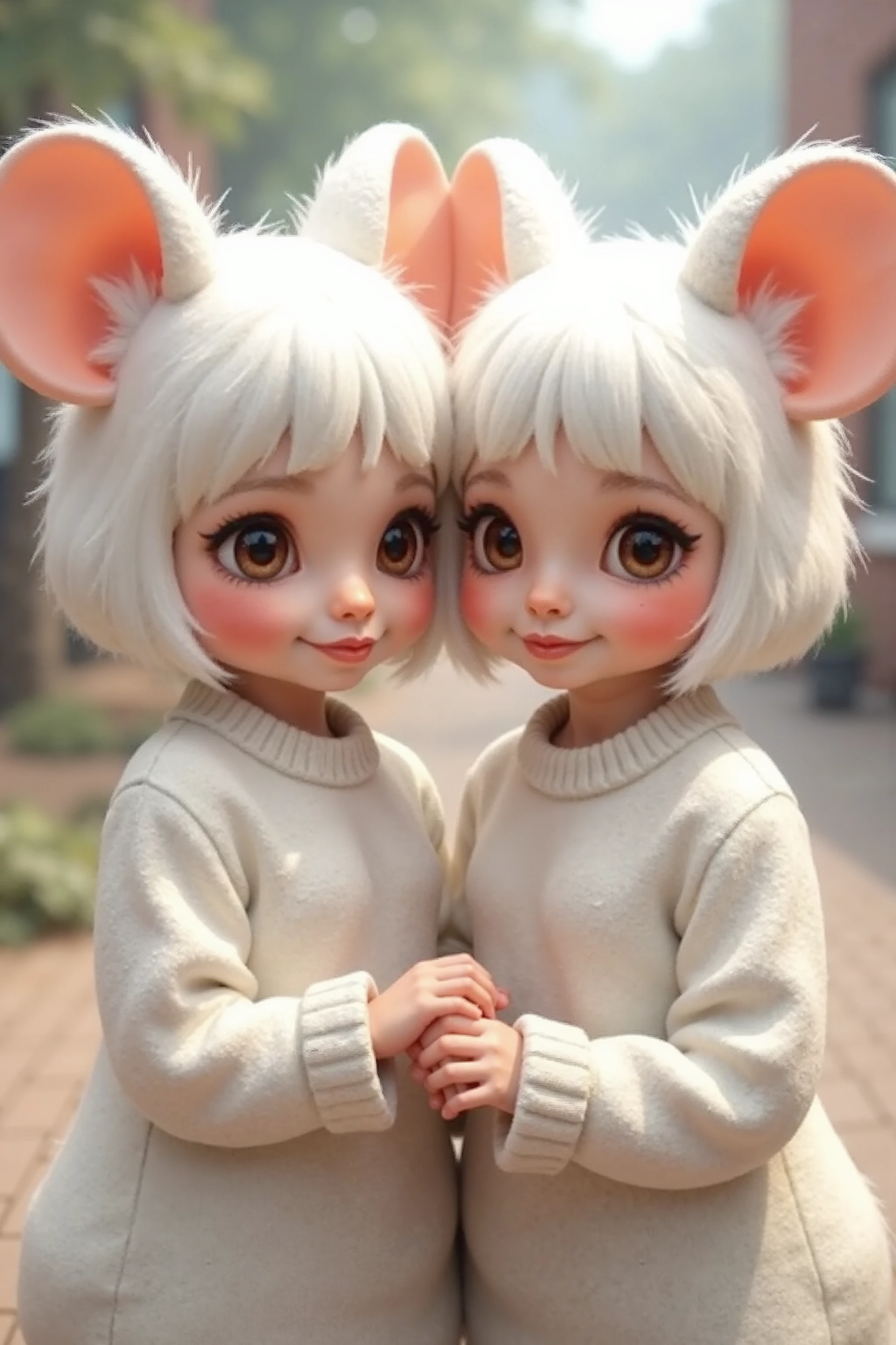 Twins, mouse girls, short fluffy white hair, big round mouse ears, white sweaters, holding hands, ((dark brown eyes)), couple, beautiful, glossy lips, detailed eyes  