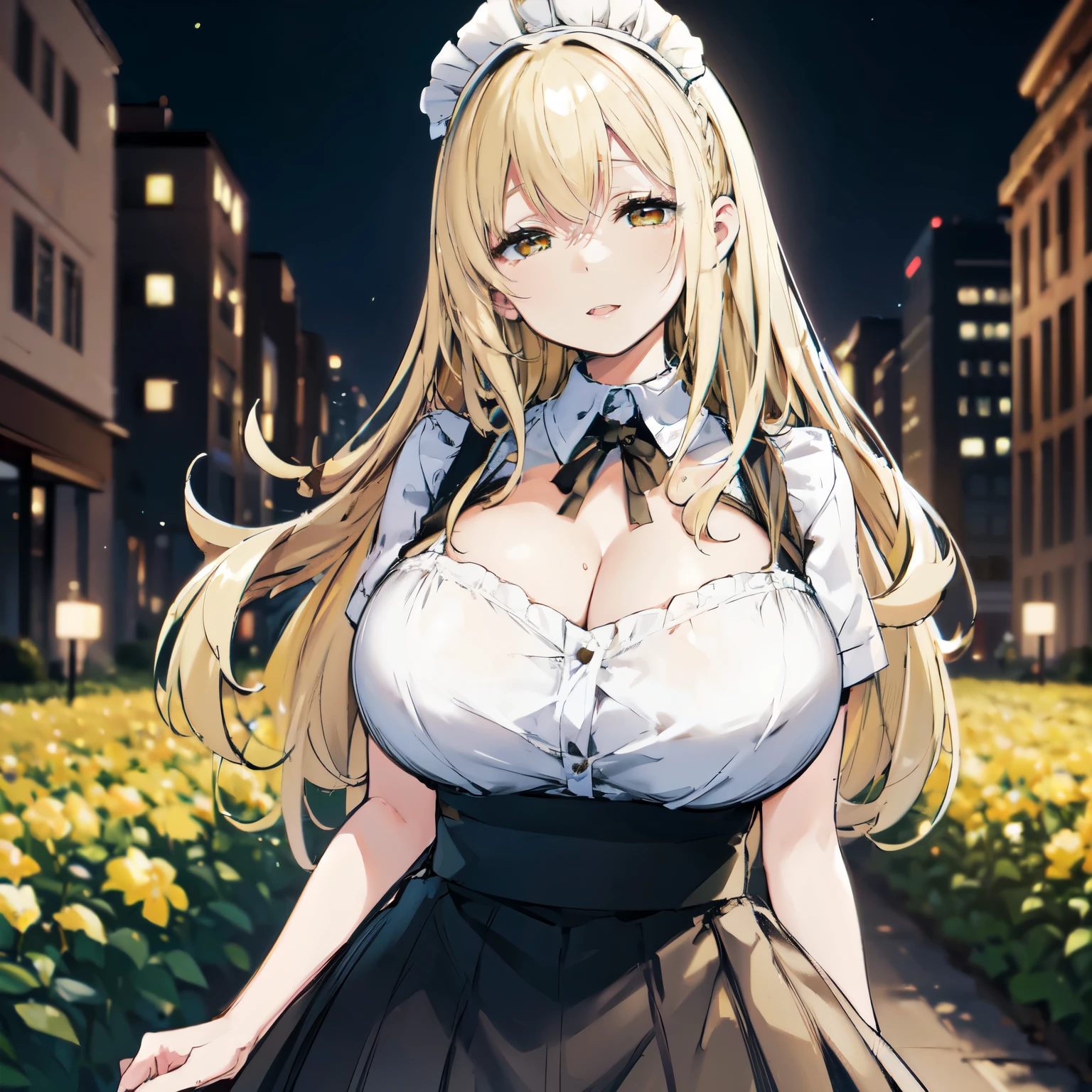 Blonde hair, very huge  tits , ((maid uniform, long skirt)), thick, busty, ((yellow eyes)),upperbody, smile, cleavage, legs, long hair,thigh, flower garden