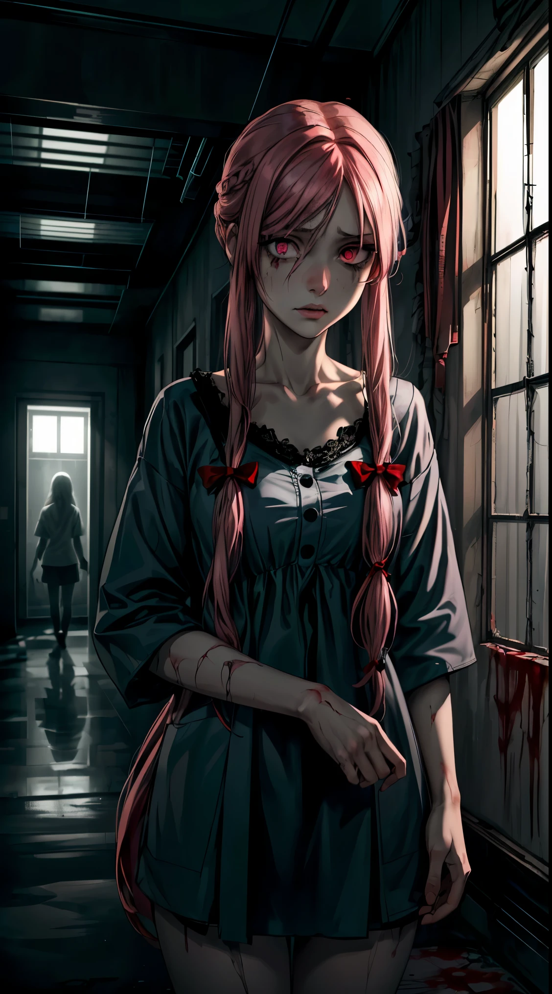 <lora:yandere_trance:0.7> yandere trance, hair ornament, yandere, white pigtails, blush, red eyes, 1girl, mature woman, hands on own face, hairclip, white hair, school uniform covered in blood, looking at viewer, summer uniform covered in blood splatter, hands on own cheeks, hands covered in blood, clothes drenched in blood, dripping blood, puddle of blood, blood splatters, blood stained, hairpin, solo,
<lora:add_detail:1.2> <lora:shaded_v10:0.7> <lora:LowRA:0.4> <lyco:GPTS1 lite:0.3> <lora:add_detail:1.0> <lora:hairdetailer:1.0>